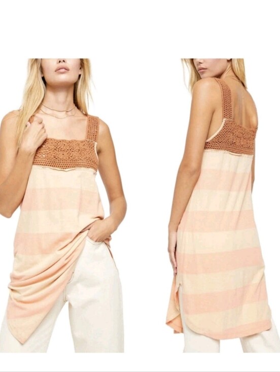 We The Free Dresses & Skirts - We The Free Striped Peach Crochet-Top Tunic Tank EUC